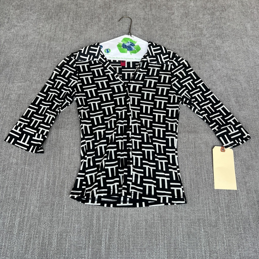 Vintage Just In Time Blouse Top L Black White Geo Print Long Sleeve Button Front